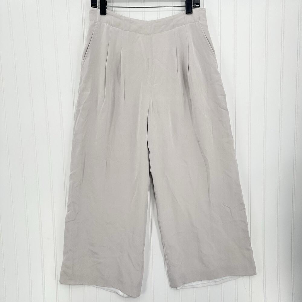 Lafayette 148 Silk Pants Women 12 Petite Wide Leg Light Gray Lined Coastal *Flaw